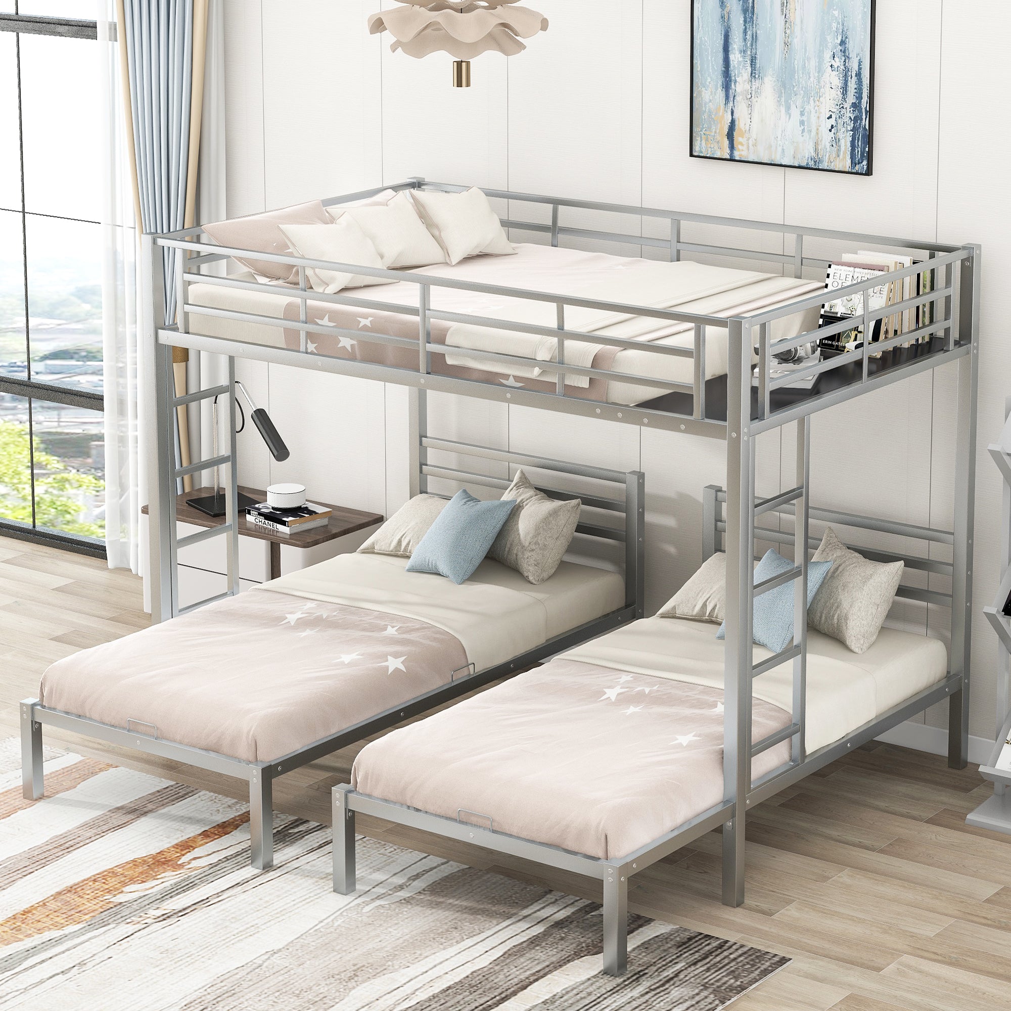 Bellemave Metal Triple Bunk Bed with Ladder, Full over Twin & Twin Bunk Bed for 3 Kids, Teens, Boys & Girl in Bedroom (Silver)