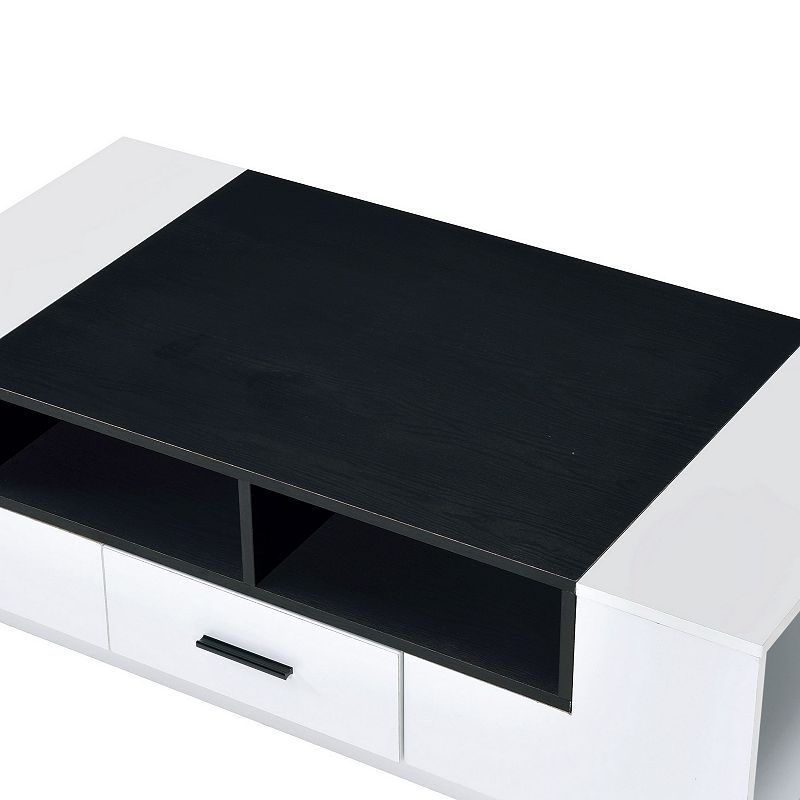 Contemporary Coffee Table with Drawer and Open Compartment， Black and White