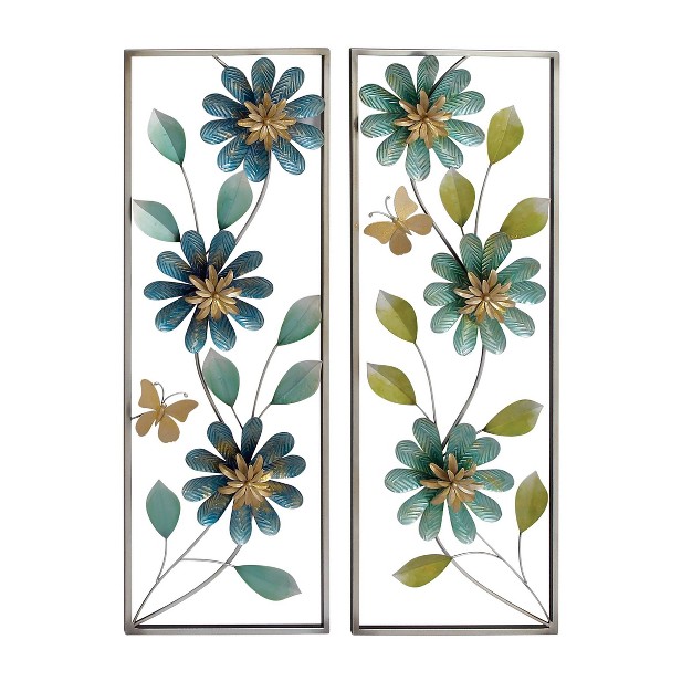 Set Of 2 Metal Floral Wall Decors With Gold Frame Green Olivia amp May