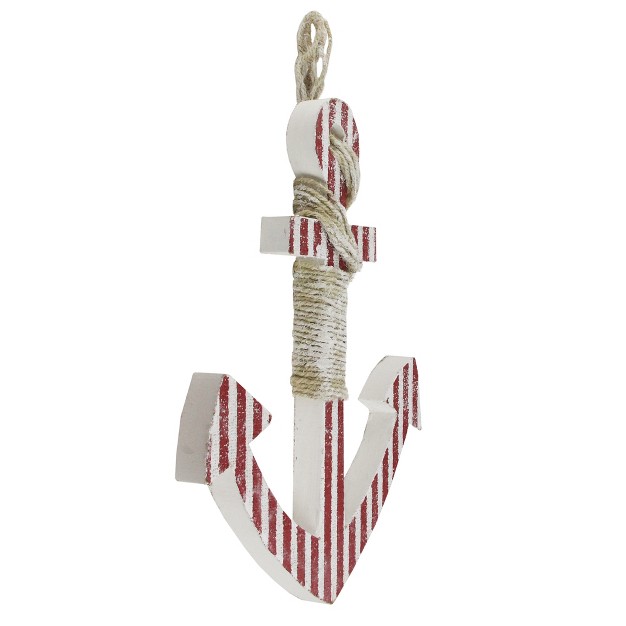 Red And White Striped Nautical Hanging Anchor With Rope Wall Art