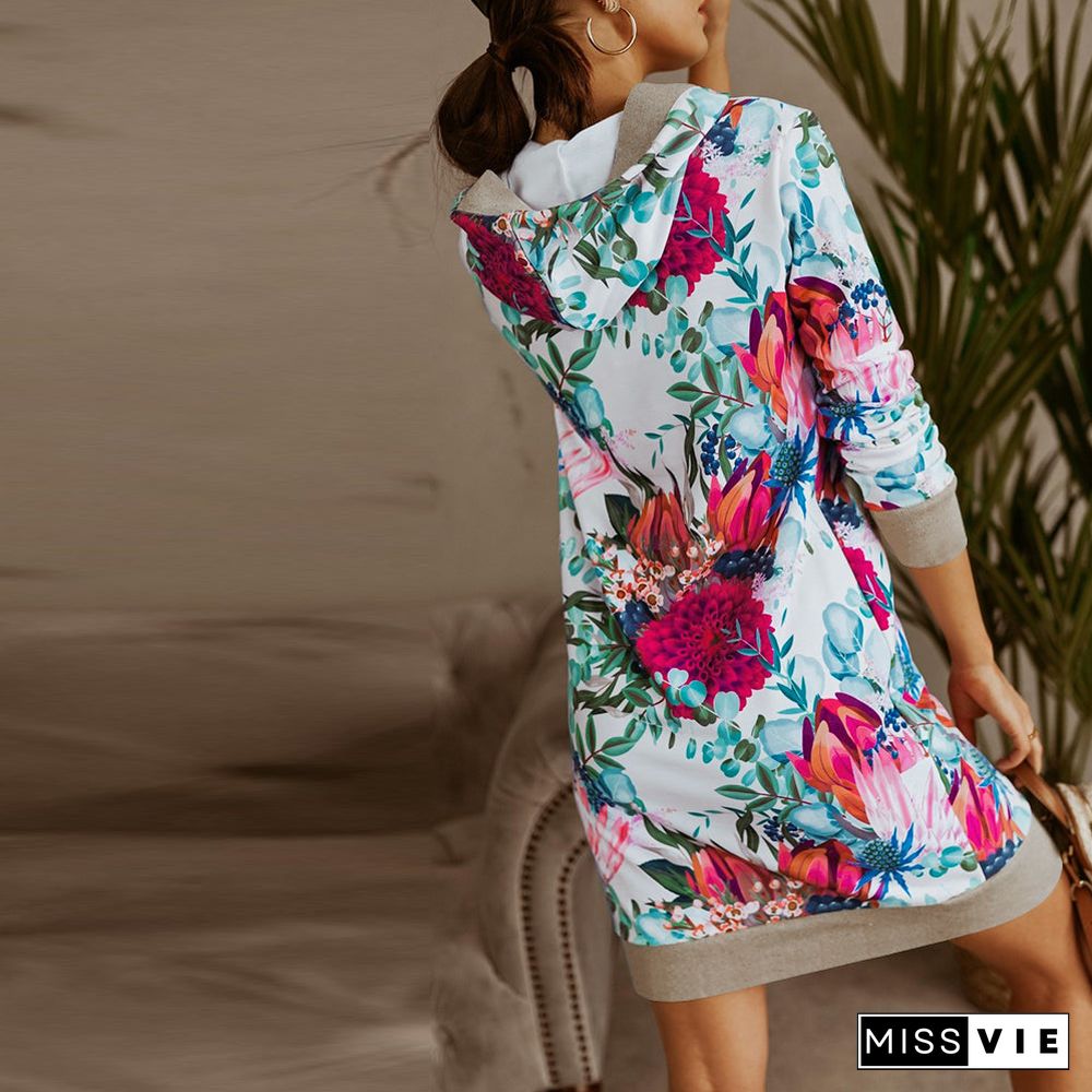 Casual 3/4 Sleeve Floral Hoodie Mini Sweatshirt Dress