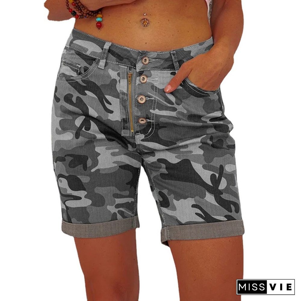 Women Summer Denim Shorts Button Zipper Camouflage Printing Slim Stretch Jeans Shorts