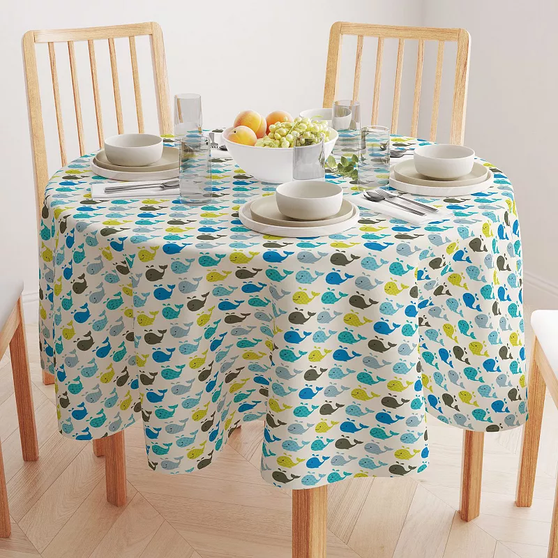 Round Tablecloth， 100% Polyester， 60 Round， Happy Whales