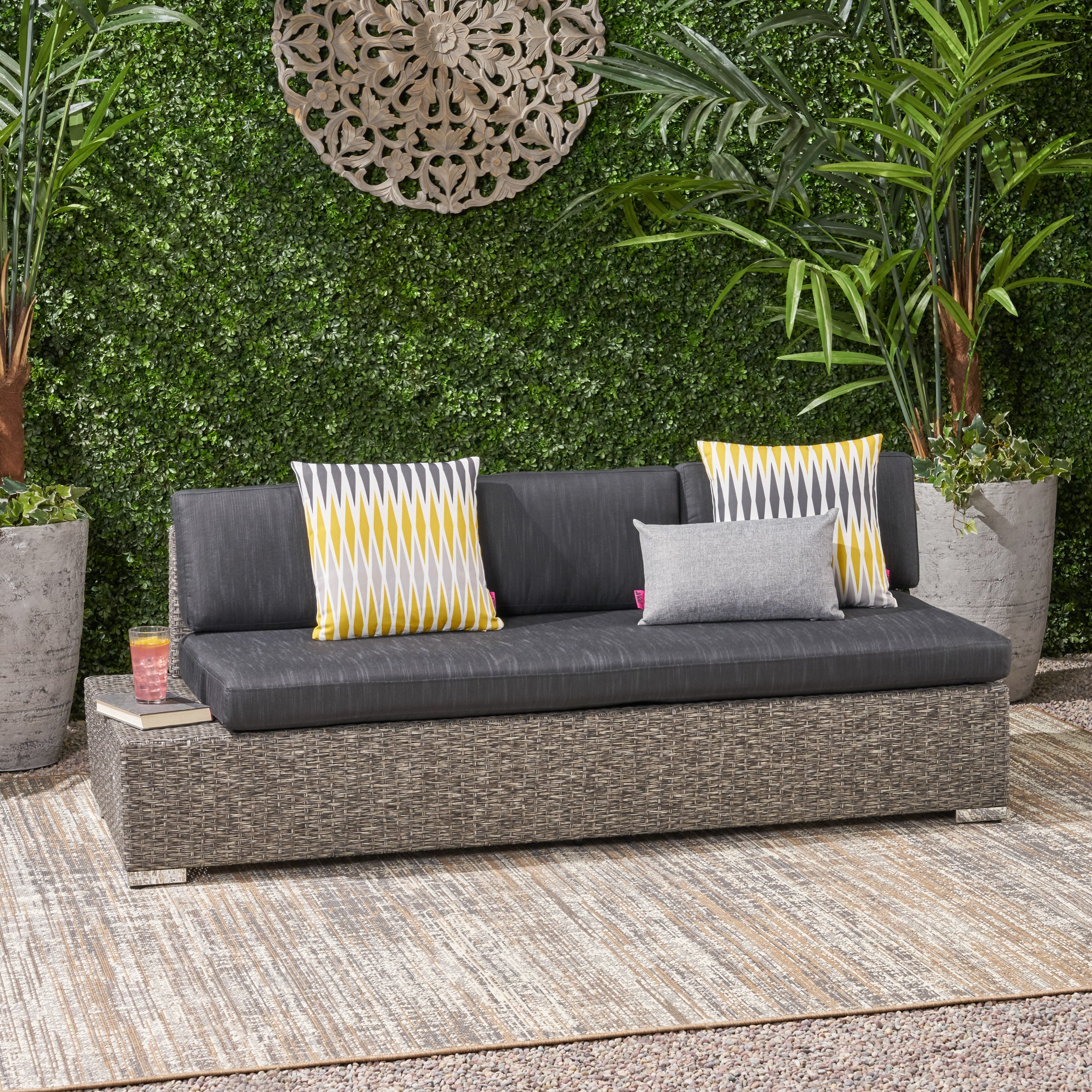 Stuart Outdoor 3 Seater Wicker Left Sofa, Mixed Black with Dark Grey Cushions