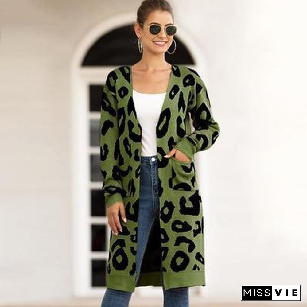 Veste Femme Loose Sweater Coats Autumn Winter Sweater Overcoat Leopard Cardigan Casual Knitwear Jacket Women Knit Long Coat