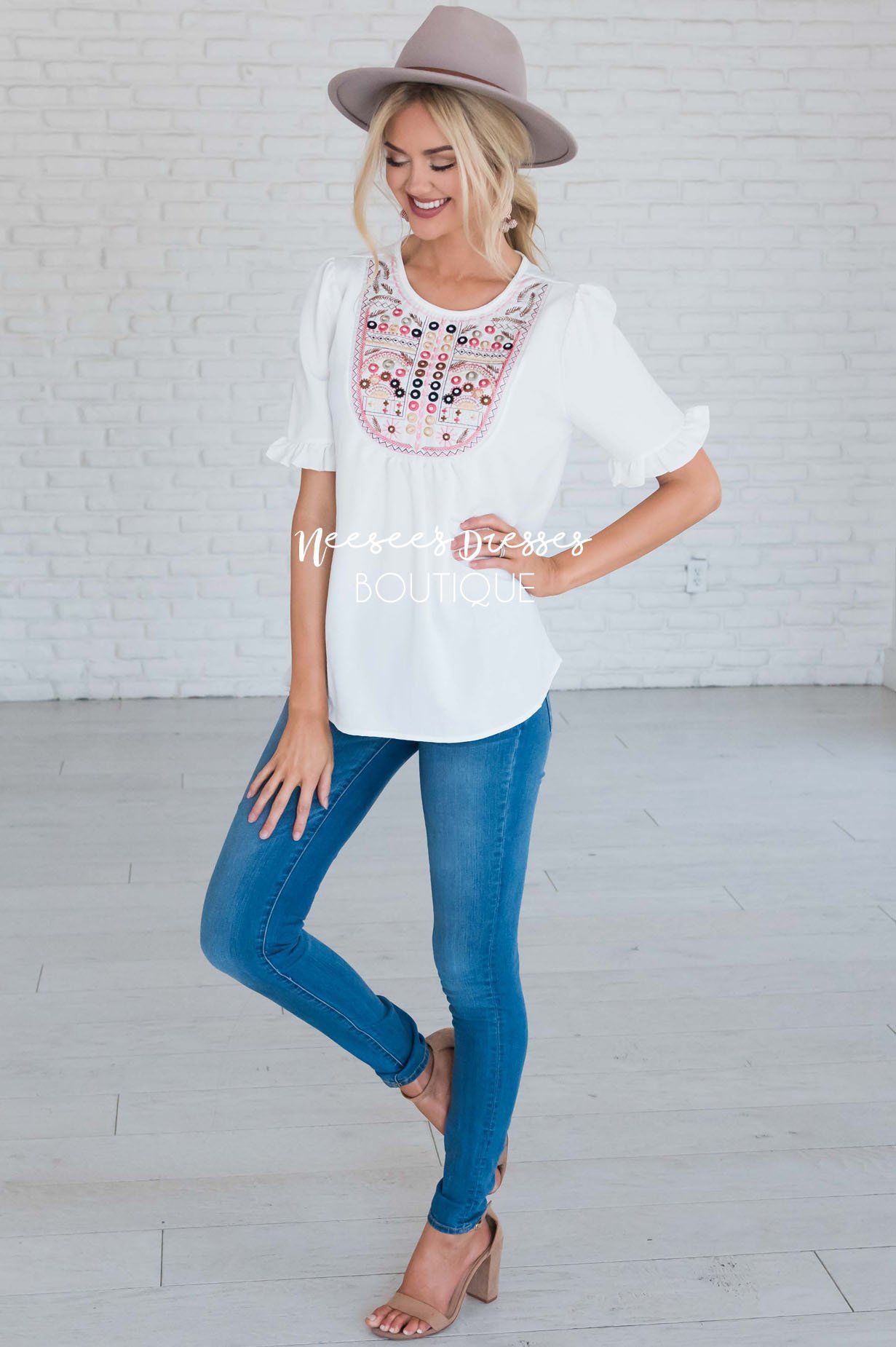 Let's Be Happy Embroidered Top