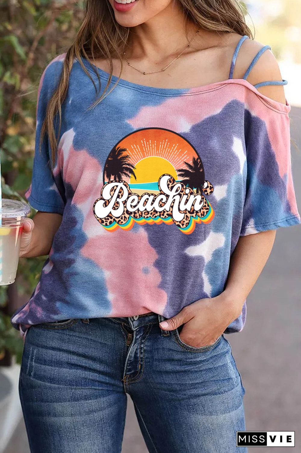 Beachin' Retro Leopard Print Graphic Tees for Women Wholesale Short Sleeve T shirts Top