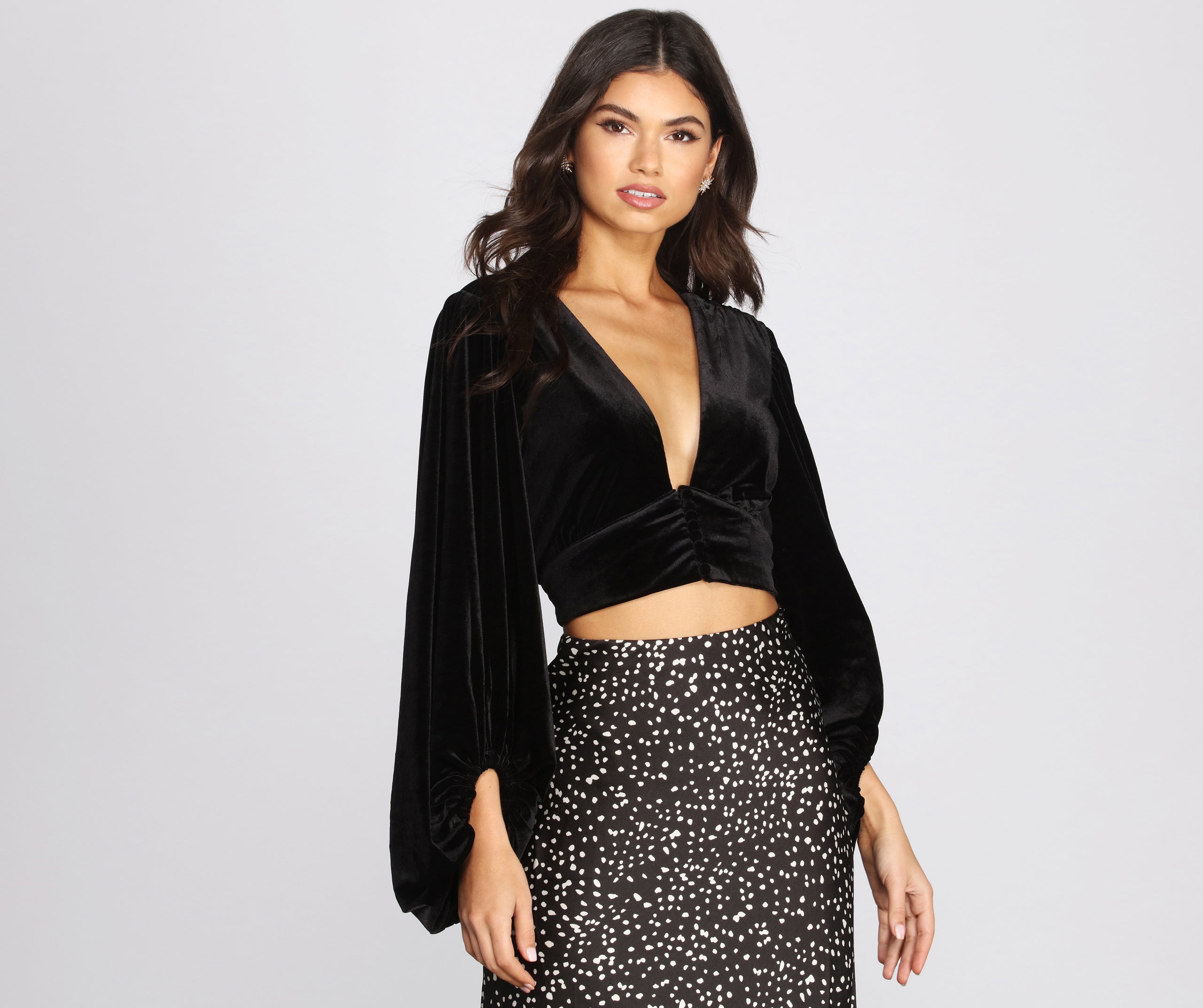 Balloon Sleeve Velvet Crop Top