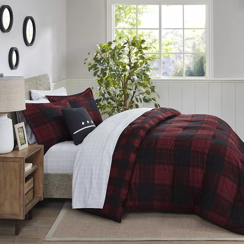 Madison Park Essentials Colebrook Reversible Red Buffalo Check Plaid Comforter Set with Sheets and Throw Pillow