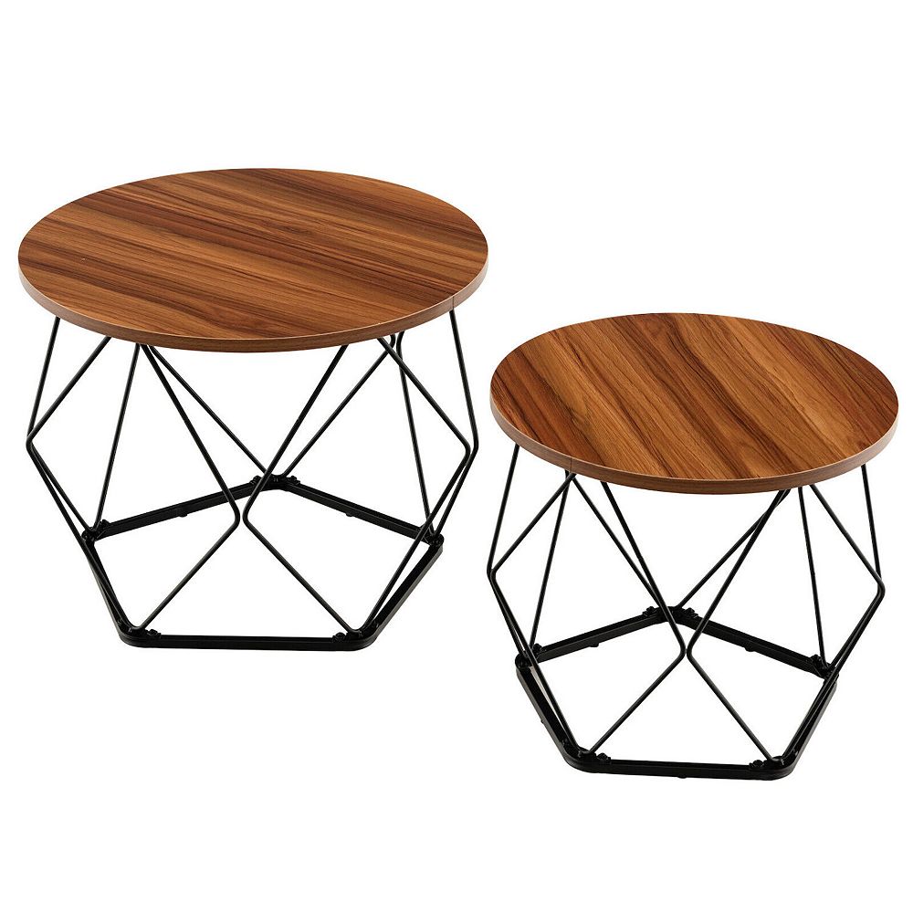 Set of 2 Modern Round Coffee Table with Pentagonal Steel Base-Rustic Brown