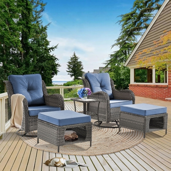 Rattan Wicker Patio Furniture Conversation Seating with 360° High Back Swivel Chairs+Storage Ottomans，Bule Cushions Included🎁