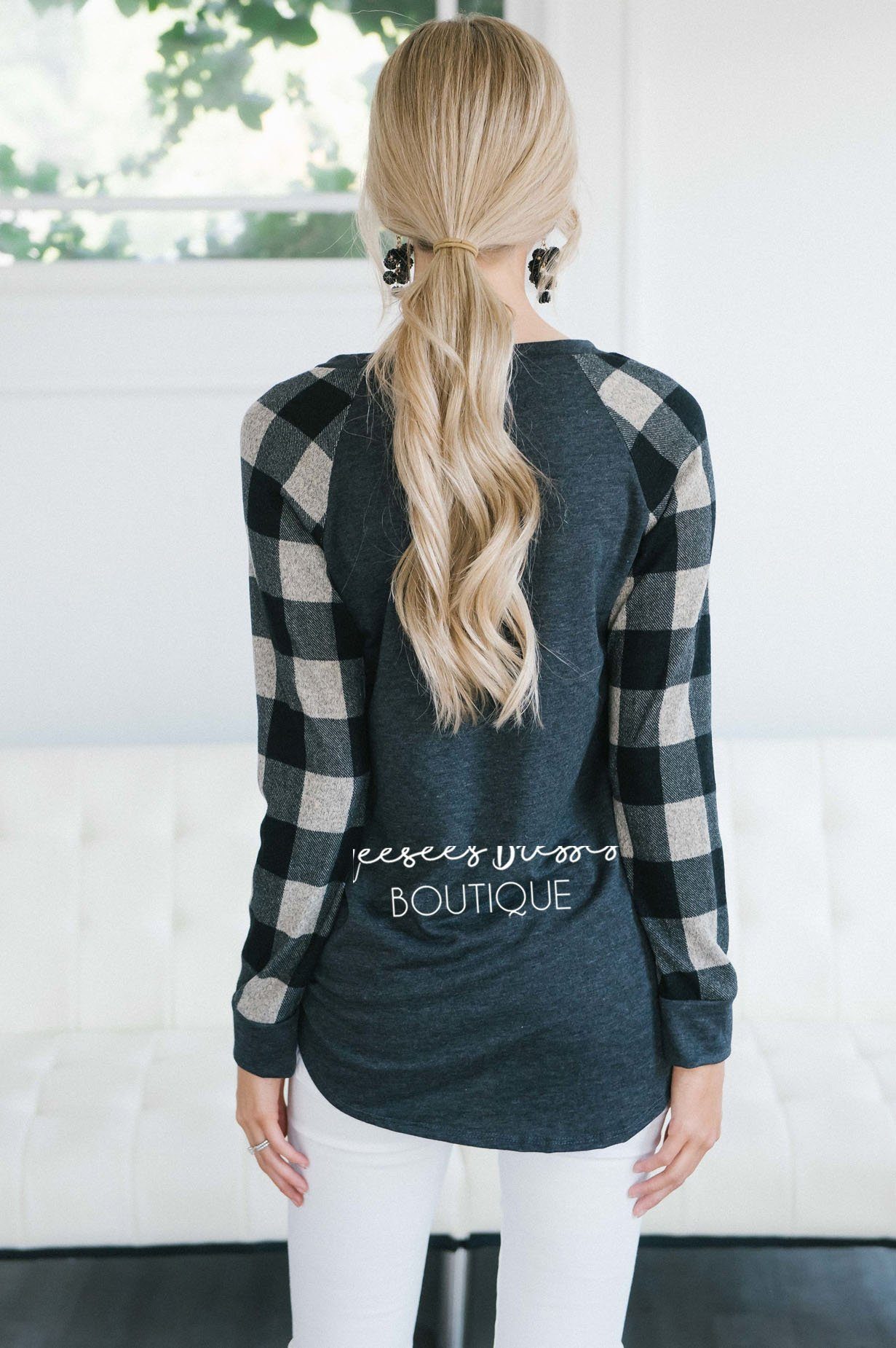 Charcoal & Taupe Plaid Sleeve Sweatshirt