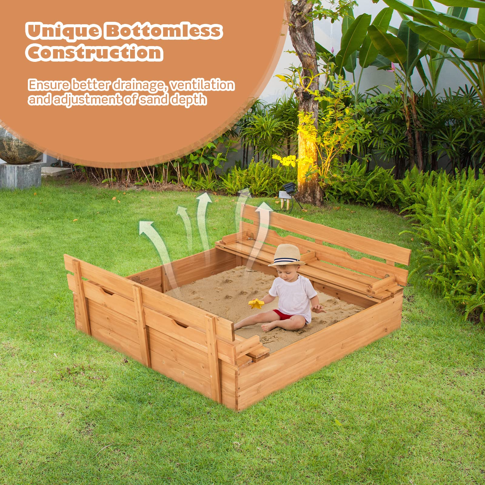 Costzon Kids Large Wooden Sandbox with Cover, 2 Convertible Bench Seats, Children Outdoor Play Furniture