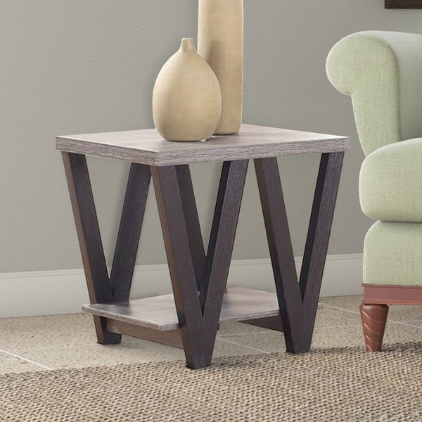 Zig-zag Contemporary Solid Wooden End Table With Bottom Shelf， Grey And Black