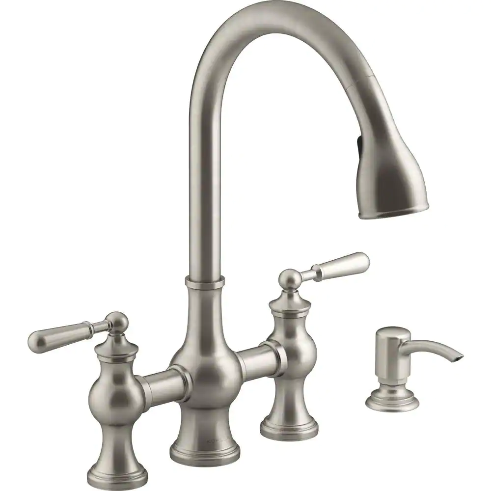 Kohler Capilano 2-Handle Bridge Farmhouse Pull-Down Kitchen Faucet With Soap Dispenser， Vibrant Stainless