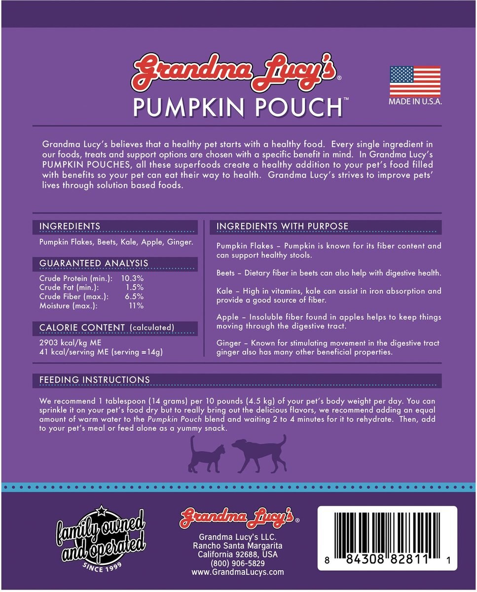 Grandma Lucy's Pumpkin Pouch Digestive Freeze-Dried Dog and Cat Food Topper， 6-oz bag