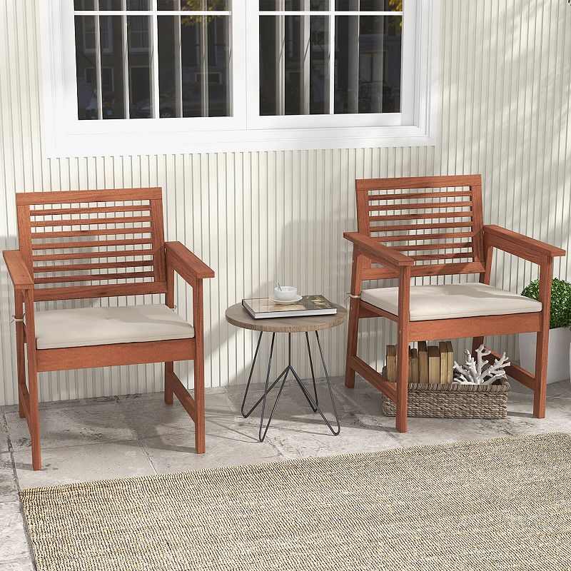 Set Of 2 Patio Solid Wood Dining Chairs With Cushions And Slatted Seat