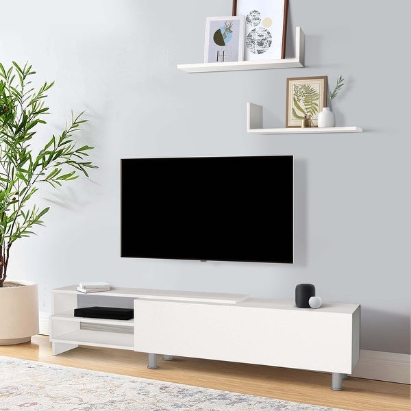 72 Inch Wood TV Console Entertainment Media Center with Storage 3 Piece Set， 2 Floating Wall Shelves， White