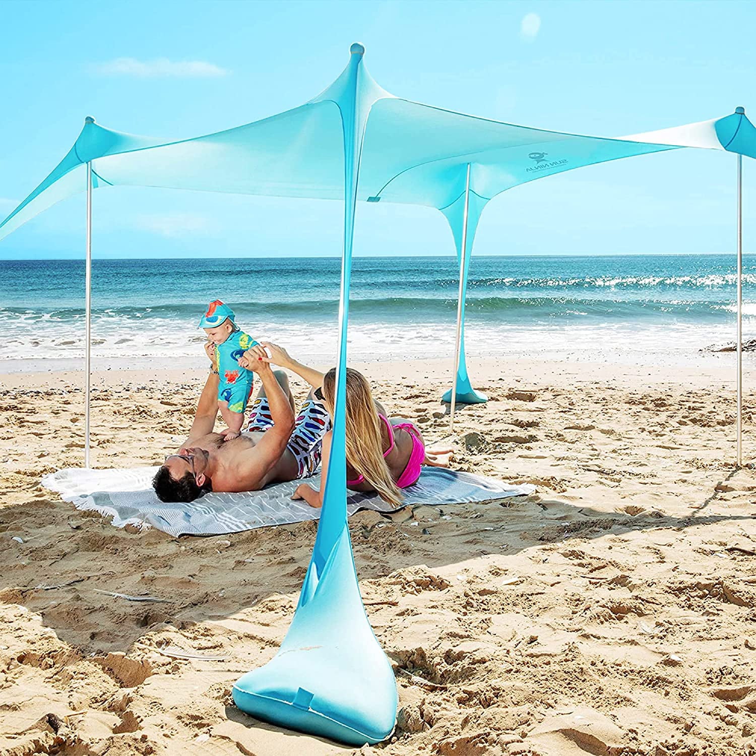 SUN NINJA 7x7.5 Turquoise Outdoor Pop Up Beach Tent With Shovel， Pegs， Stability Poles