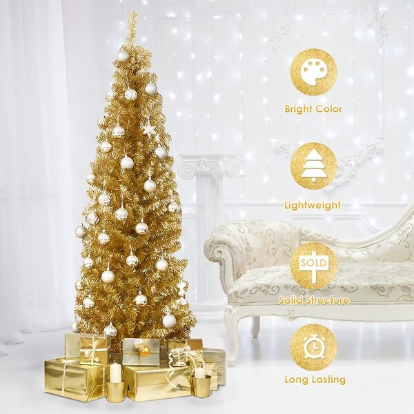 Costway 6FT Tinsel Tree Slim Pencil Christmas Tree Silver Champagne