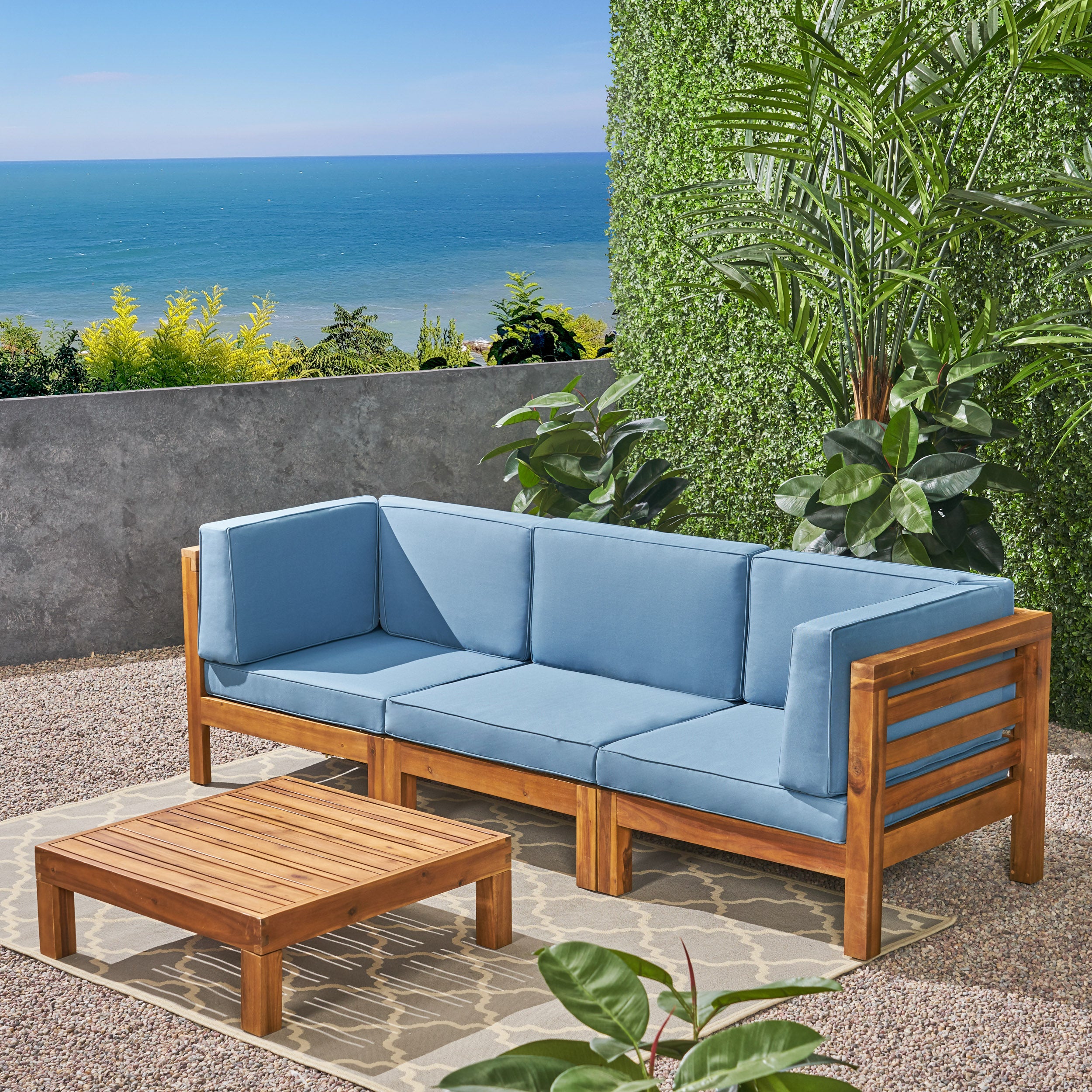 Dawson Outdoor Sectional Sofa Set with Coffee Table - 4-Piece 3-Seater - Acacia Wood - Outdoor Cushions