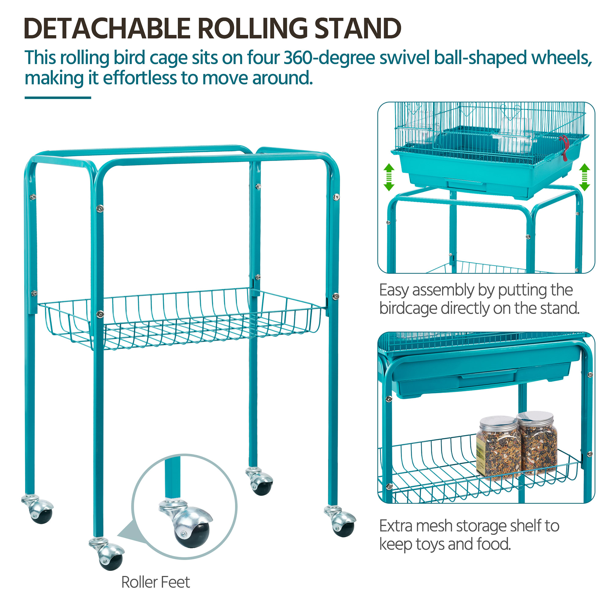 Topeakmart Teal Blue Metal Bird Cage with Ladder Toy and Rolling Detachable Stand， 62.4 H