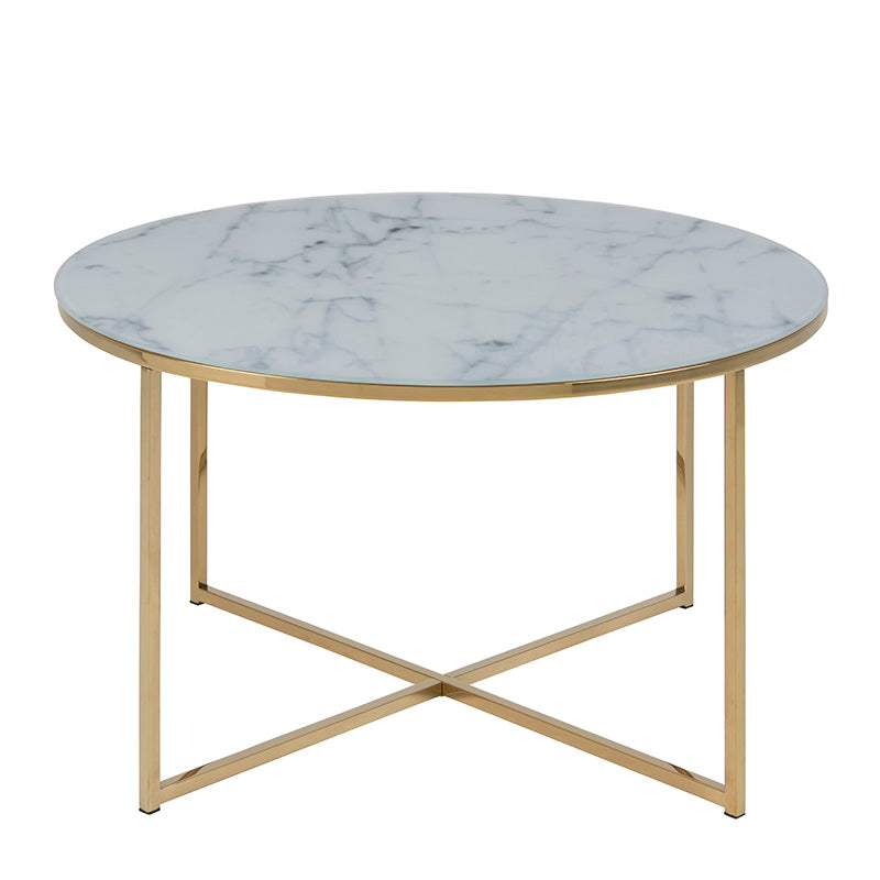 KOLINA Glass Marble Round Coffee Table 80cm - White/ Gold Chrome