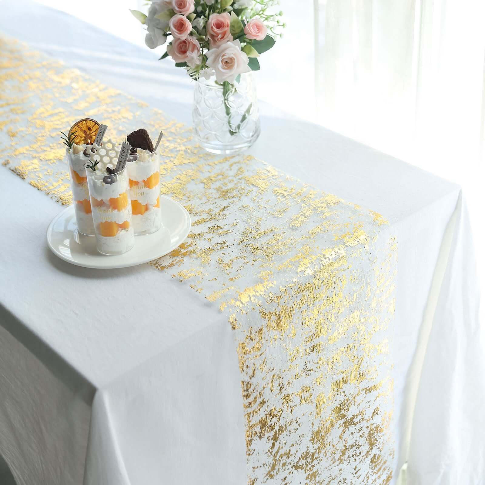 Sparkly Metallic Gold Foil Thin Mesh Polyester Table Runner 25GSM 108