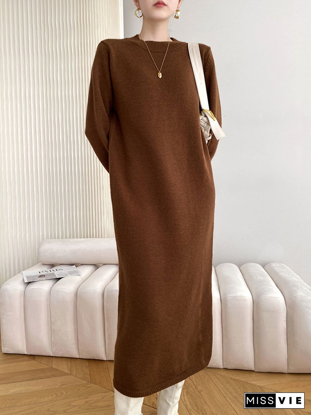 Urban Loose Long Sleeves Solid Color Round-Neck Sweater Dresses