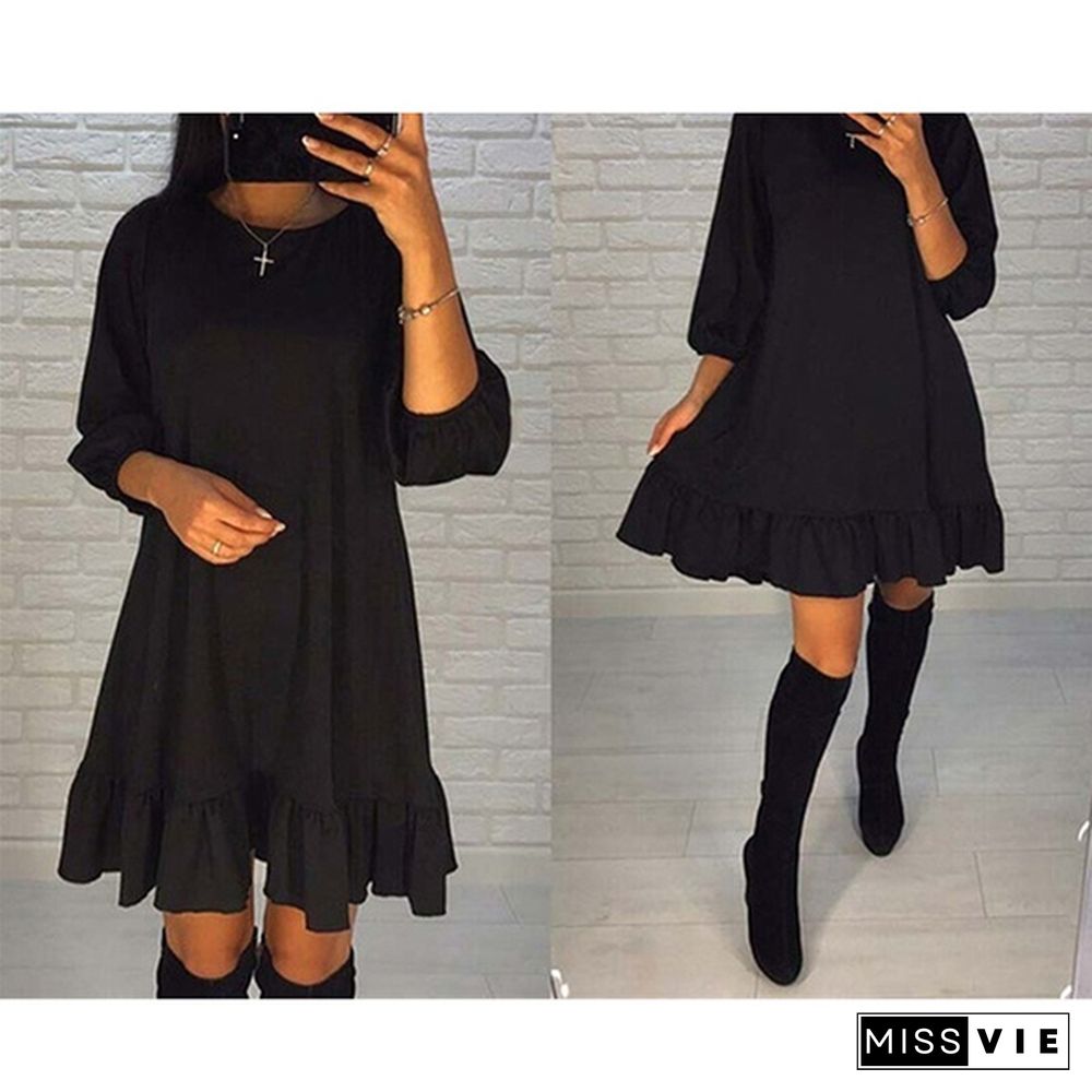 Fashion Women Spring Autumn Knitted Ruffles Pullover Dresses O-Neck Long Sleeve Dress