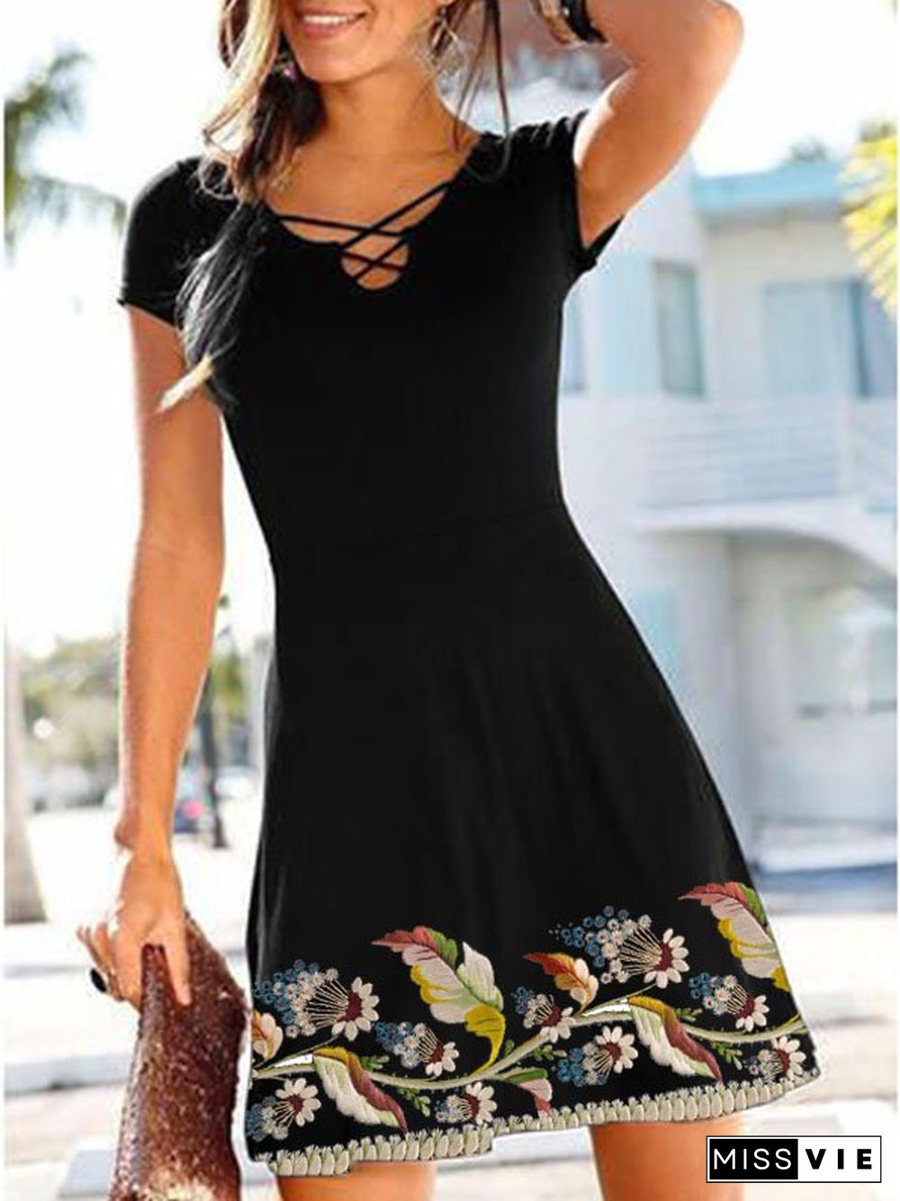 V Neck Cotton-Blend Short Sleeve Floral-print Knitting Dress