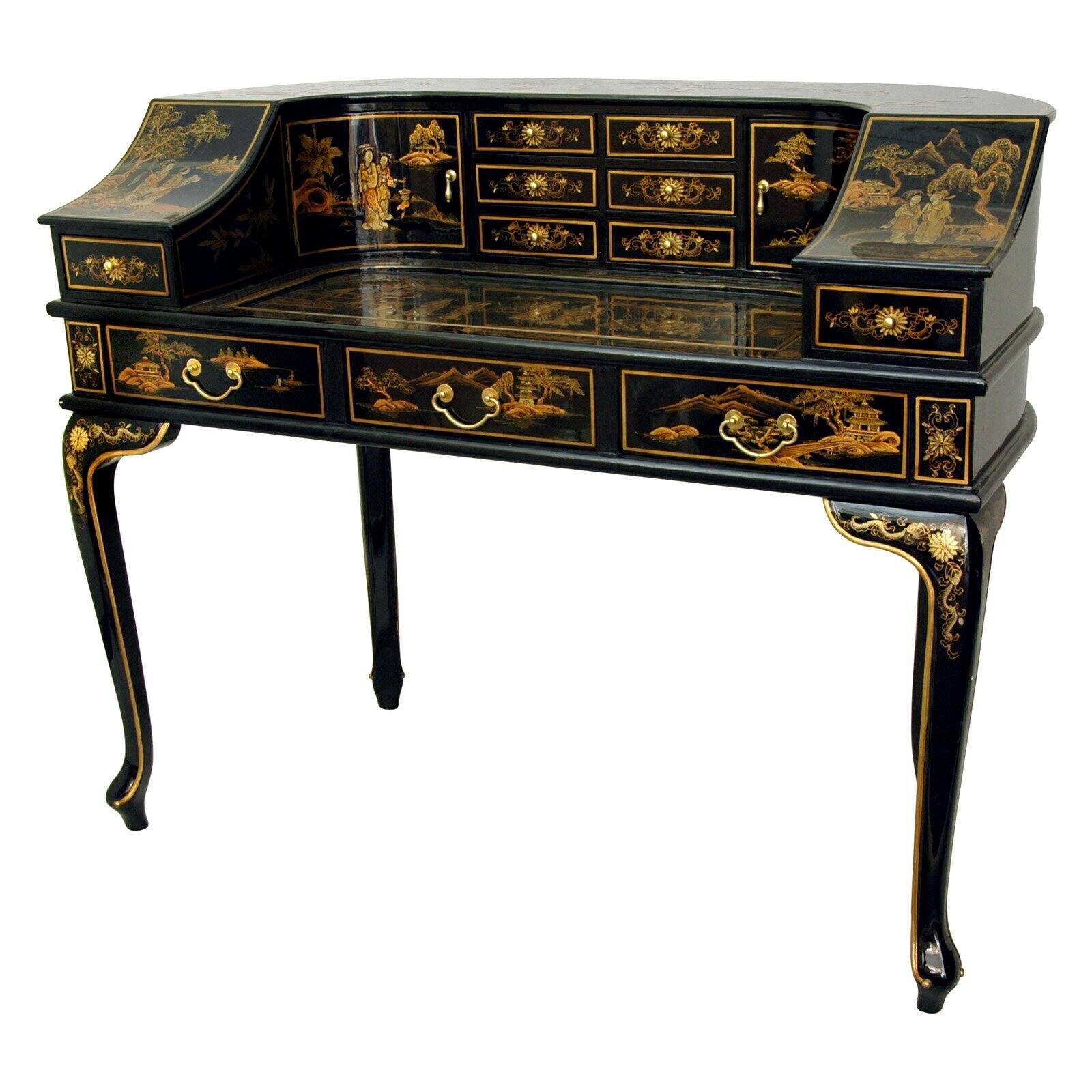 Oriental Furniture Black Lacquer Ladies Desk with Gold Chinoiserie