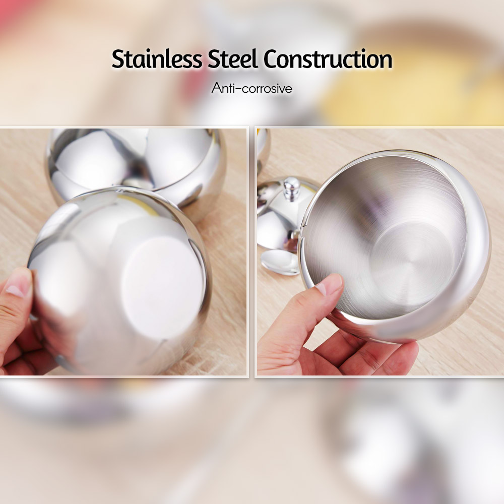 Stainless Steel Seasoning Pots Salt Box Sugar Bowel Condiment Caddy Container Holder with Spoon Lid for Catering Hosting Parties Kitchen