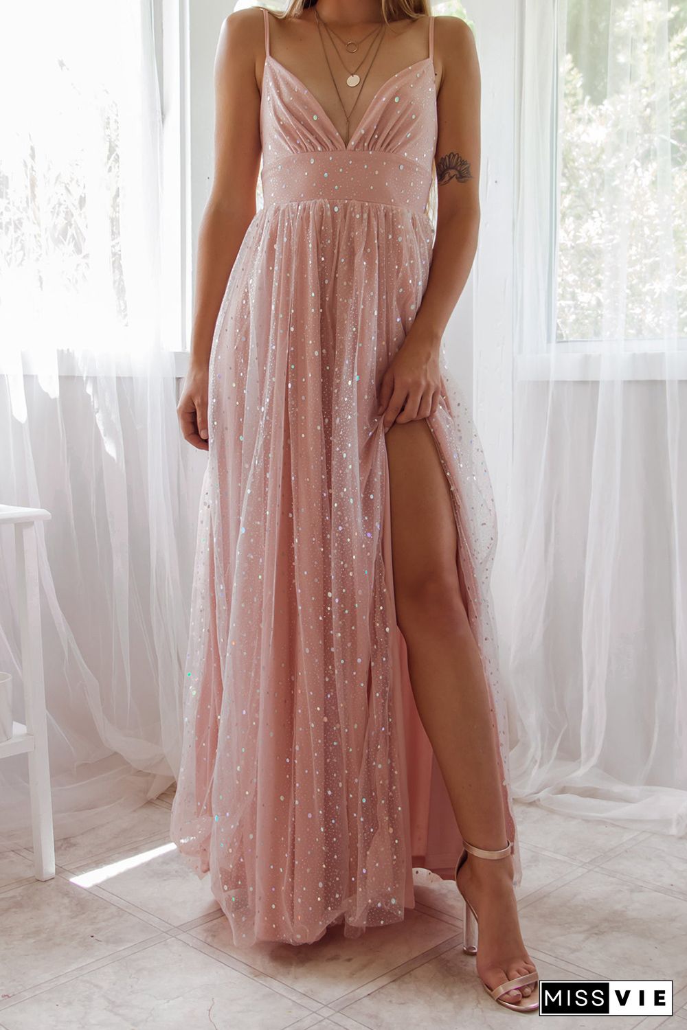 Pink Spaghetti Straps Backless Sequin Tulle Gown