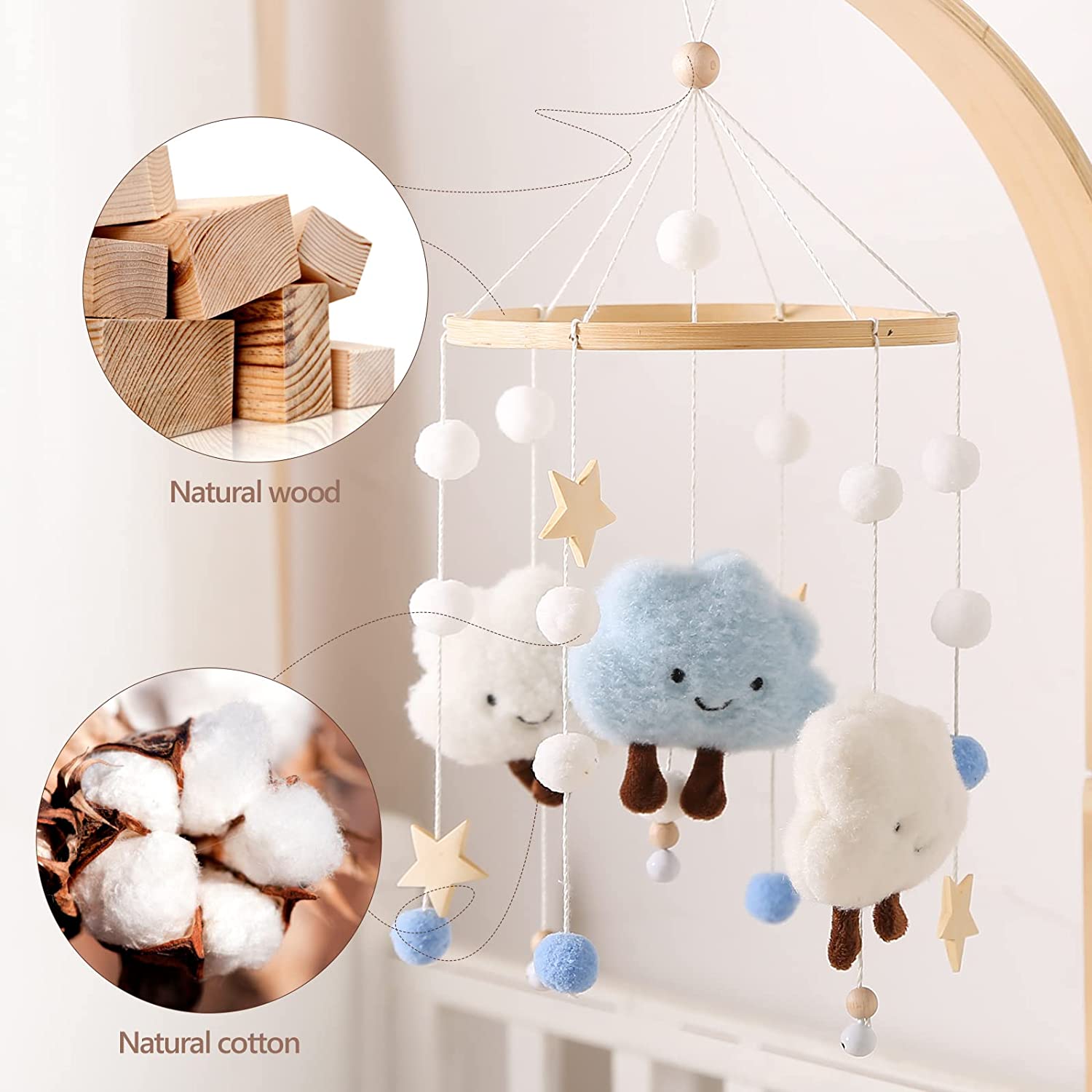 Baby Mobile for Crib， Boho Cloud Macrame Tassels with Hanging Rotating Toys Boho Nursery Decor Infant Bed Decoration for Newborn Boys and Girls， Blue