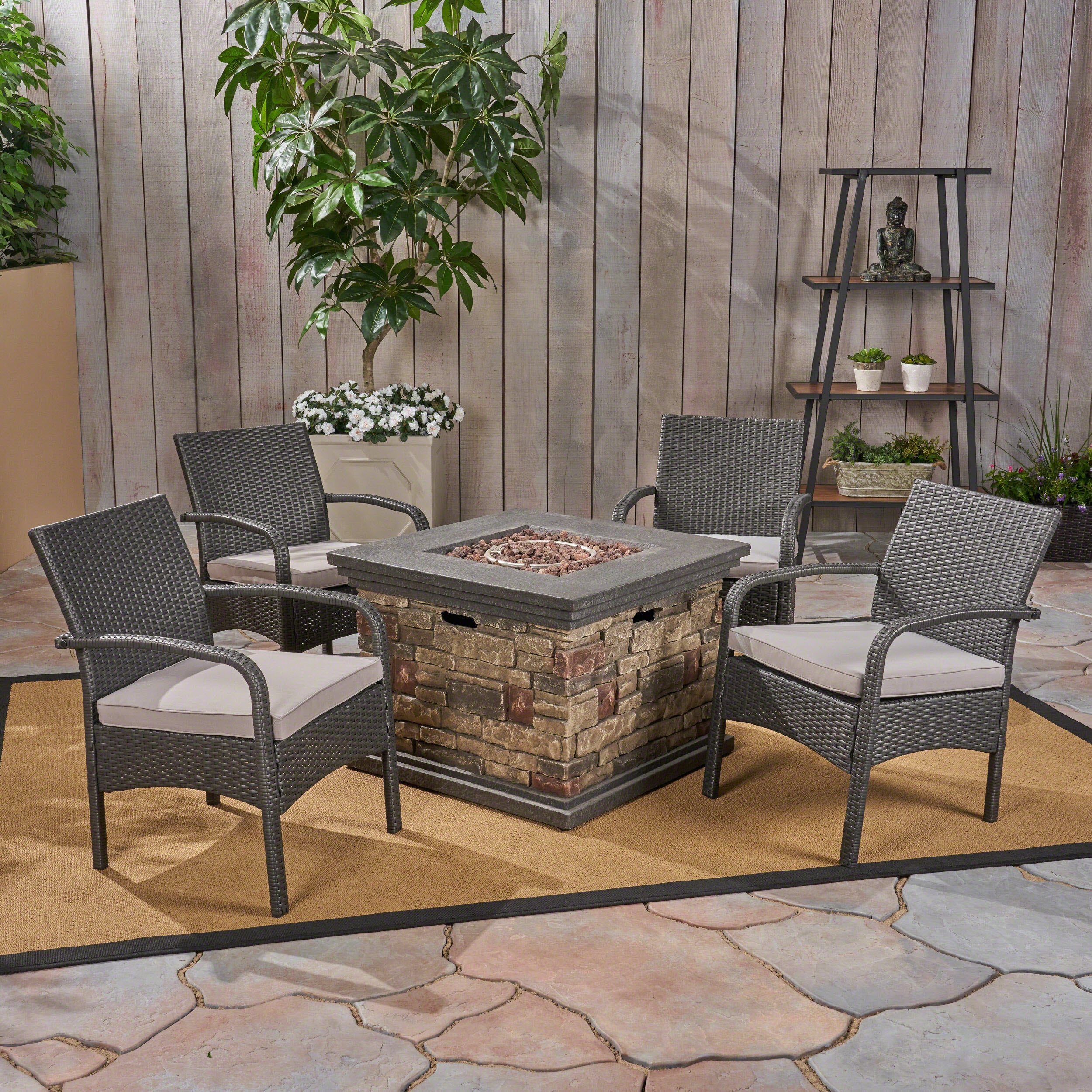 Meroy Patio Fire Pit Set, 4-Seater with Club Chairs, Wicker with Outdoor Cushions