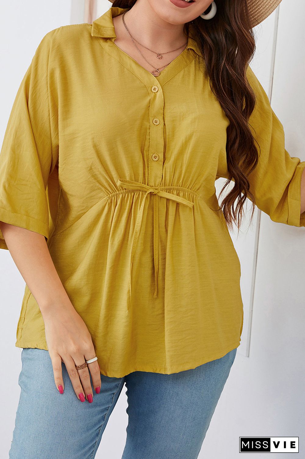 Button Down Front Tie Frill Plus Size Top Wholesale