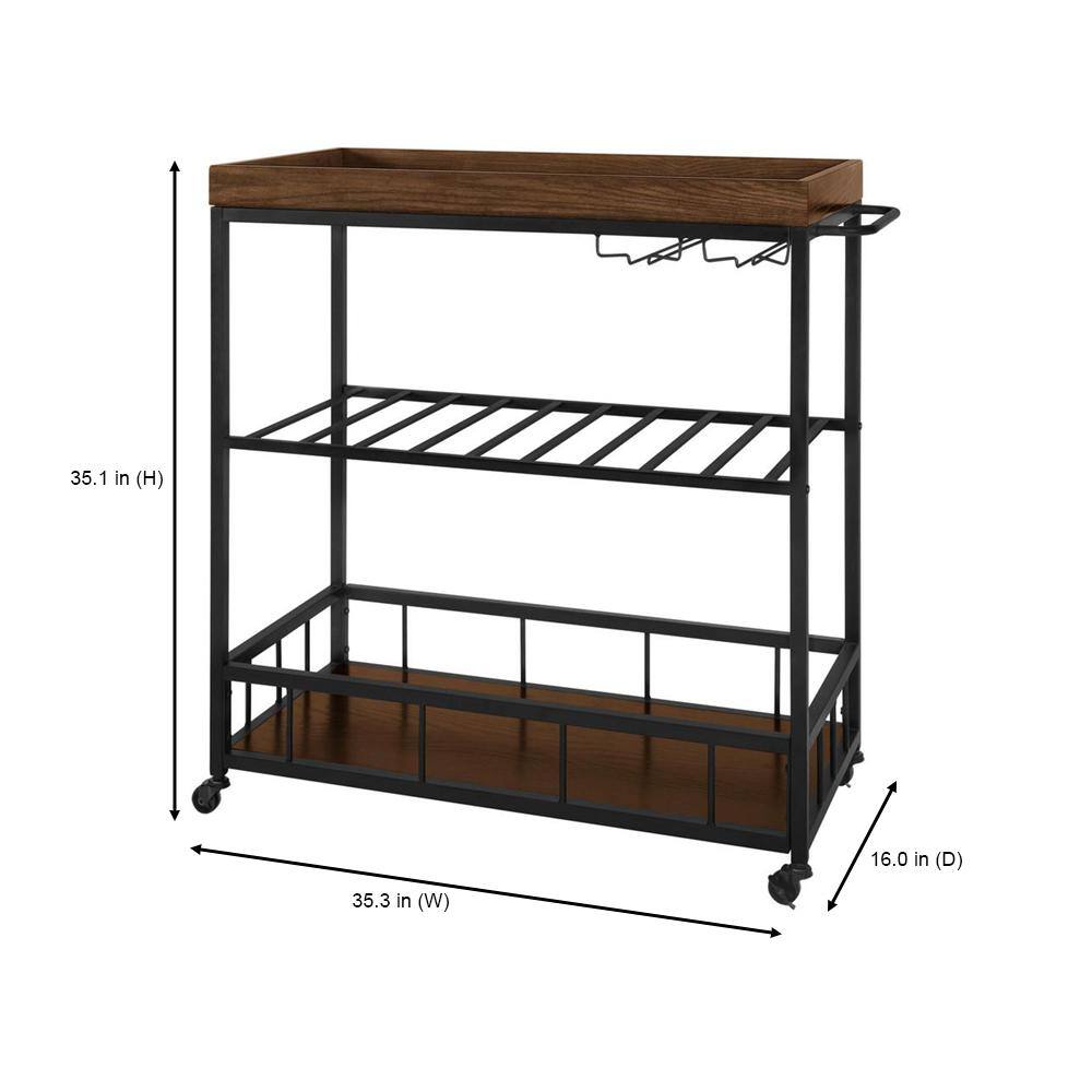 StyleWell Blake Industrial Black Metal Frame Rolling Kitchen Cart with Walnut Tray-Top and Tiered Storage Shelves (35