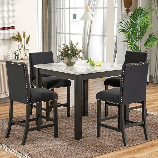 Counter Height Dining Table Set with One Faux Marble Dining Table and Four Upholstered Seat Chairs(Set of 5)