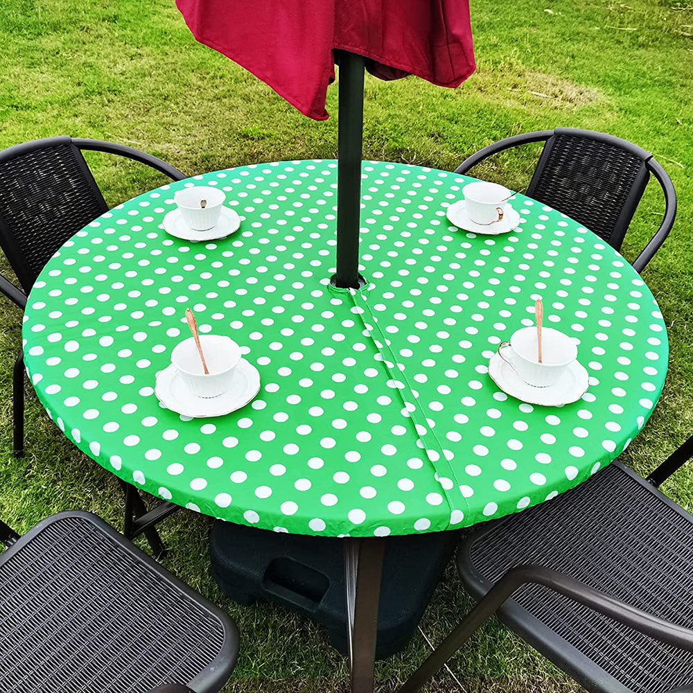 Vinyl Round Fitted Tablecloth With Umbrella Hole Table Cover With Flannel Backing Oil&Waterproof Wipeable Vibrant Colors Elastic Edge Table Cover - Green Polka Dots 45-56"