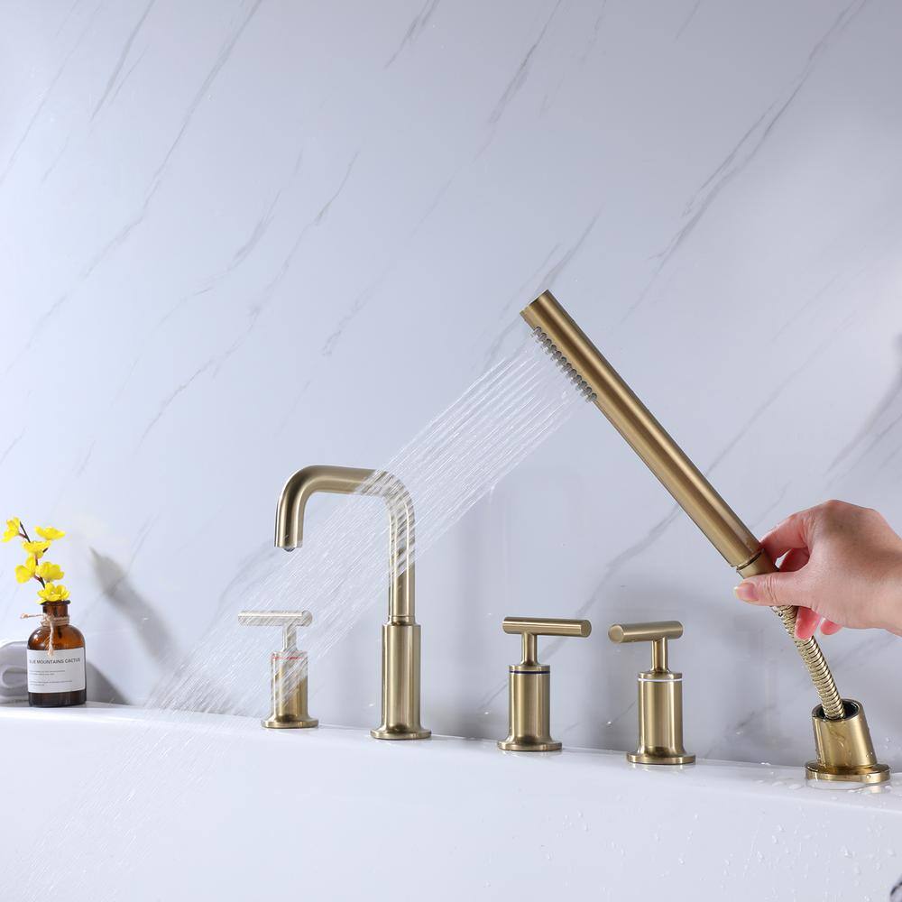 Boyel Living 3-Handle 2-Spray Settings Deck Mounted Roman Tub and Shower Faucet in Brushed Gold Valve Included BLHF0219-3BG