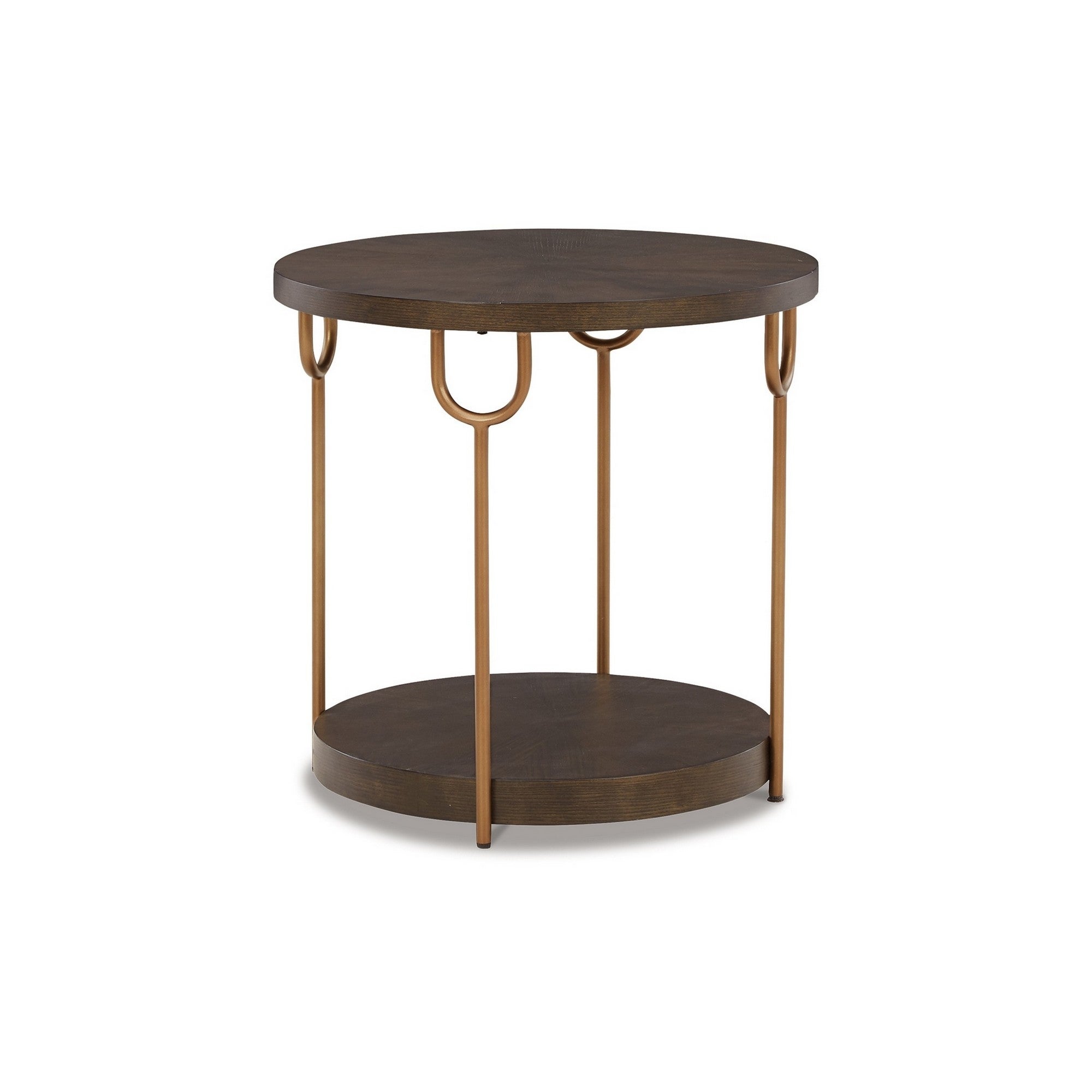 24 Inch Modern Round Side End Table， Espresso Brown Wood， Gold Metal Legs