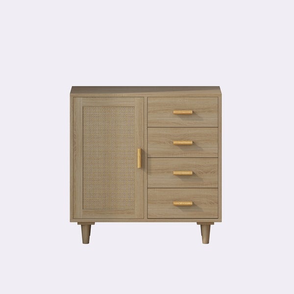 4 Drawers Wooden Cabinet with Rattan Decorative Doors