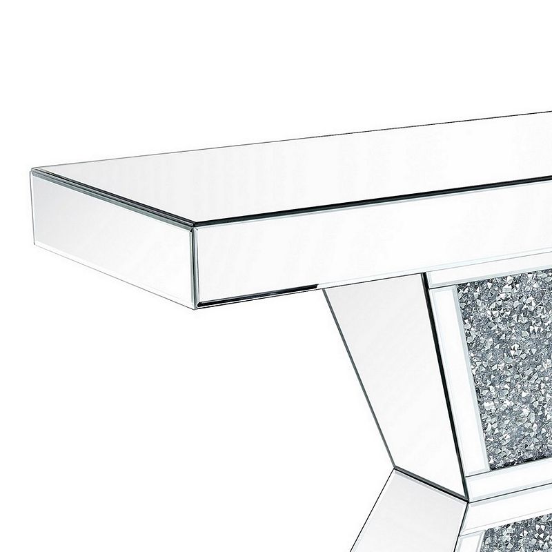 47 Inches Glass Top Console Table with Faux Stone Inlay， Silver