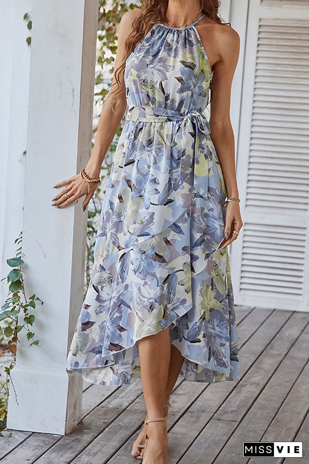 Halter Tie Waist Floral Print Dress Wholesale