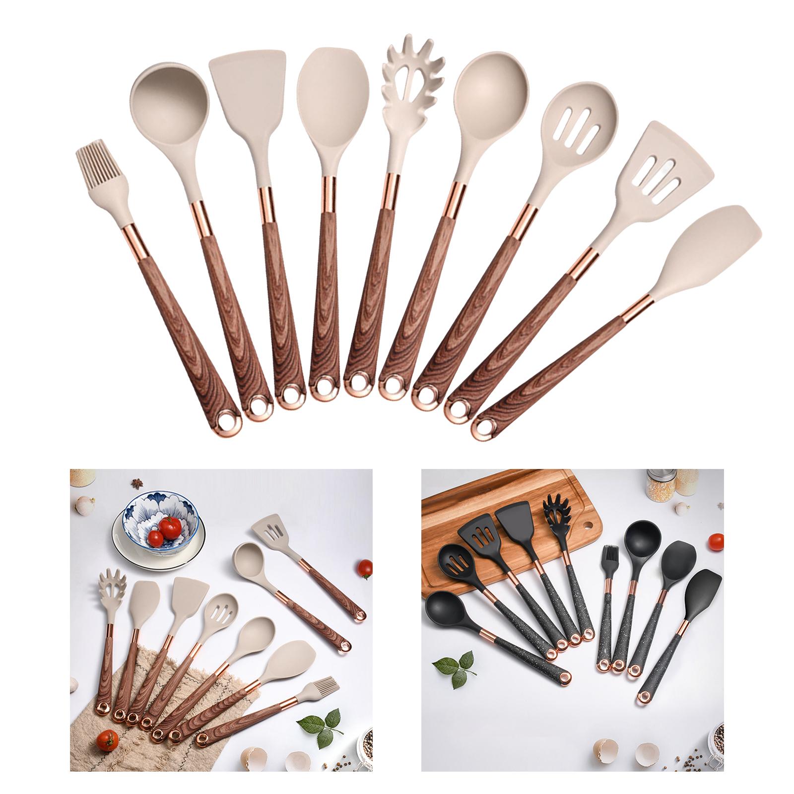 Kitchen Utensils Set,9pcs Silic Cooking Kitchen Utensils Set Heat Resistance Silic Spatula Spoon Kitchen Gadgets Utensils Set , Brown Handle