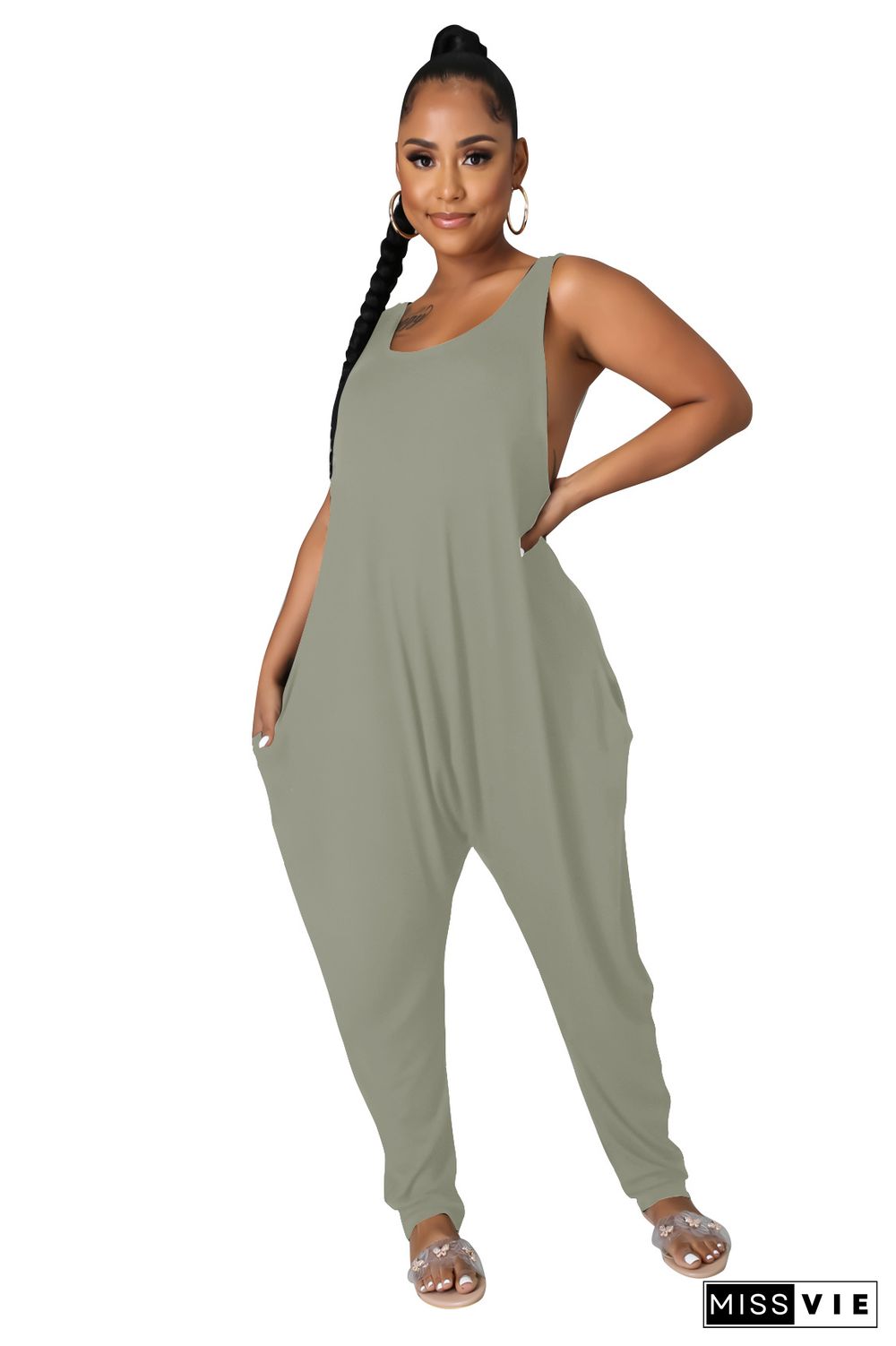 Summer Women Casual Solid Color Loose-Fit Cotton Sleeveless Sexy Nightclub Harlan Jumpsuit