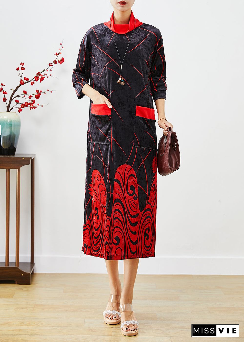 Classy Red Turtle Neck Print Silk Velour Long Dress Half Sleeve