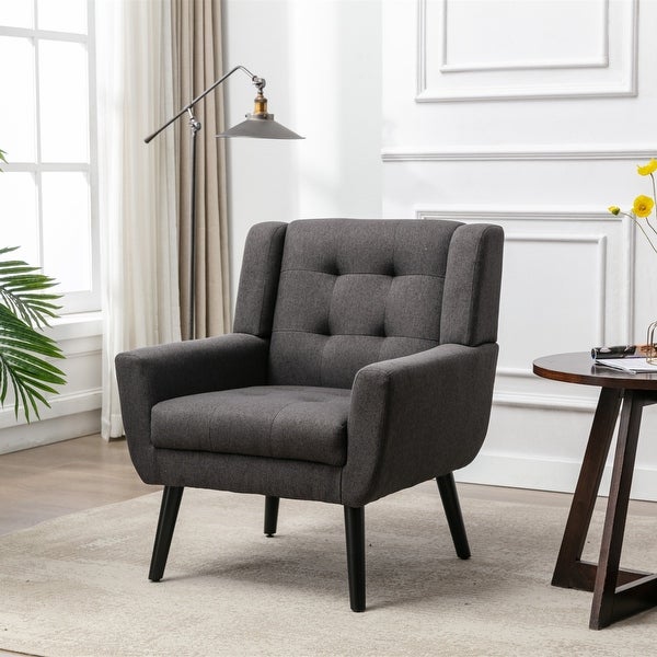 Modern Soft Linen Material Ergonomics Accent Chair With Tufted Back and Seat， Square Arms and Black Tapering Metal Legs