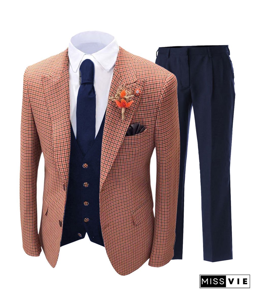 Men's 3 Pieces Houndstooth Peak Lapel Tuxedos (Blazer+vest+Pants)